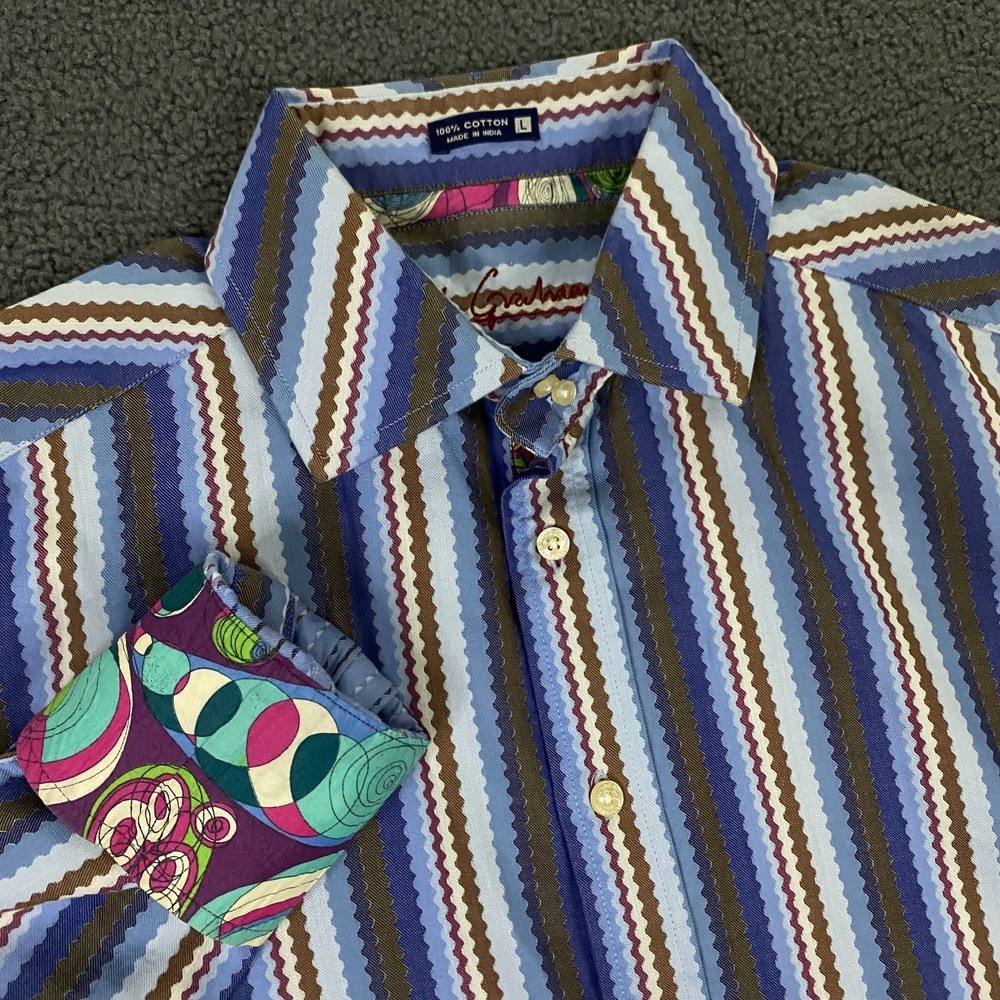 Robert Graham Shirt Mens Large Striped Contrast Flip Cuff MCM Retro Blue